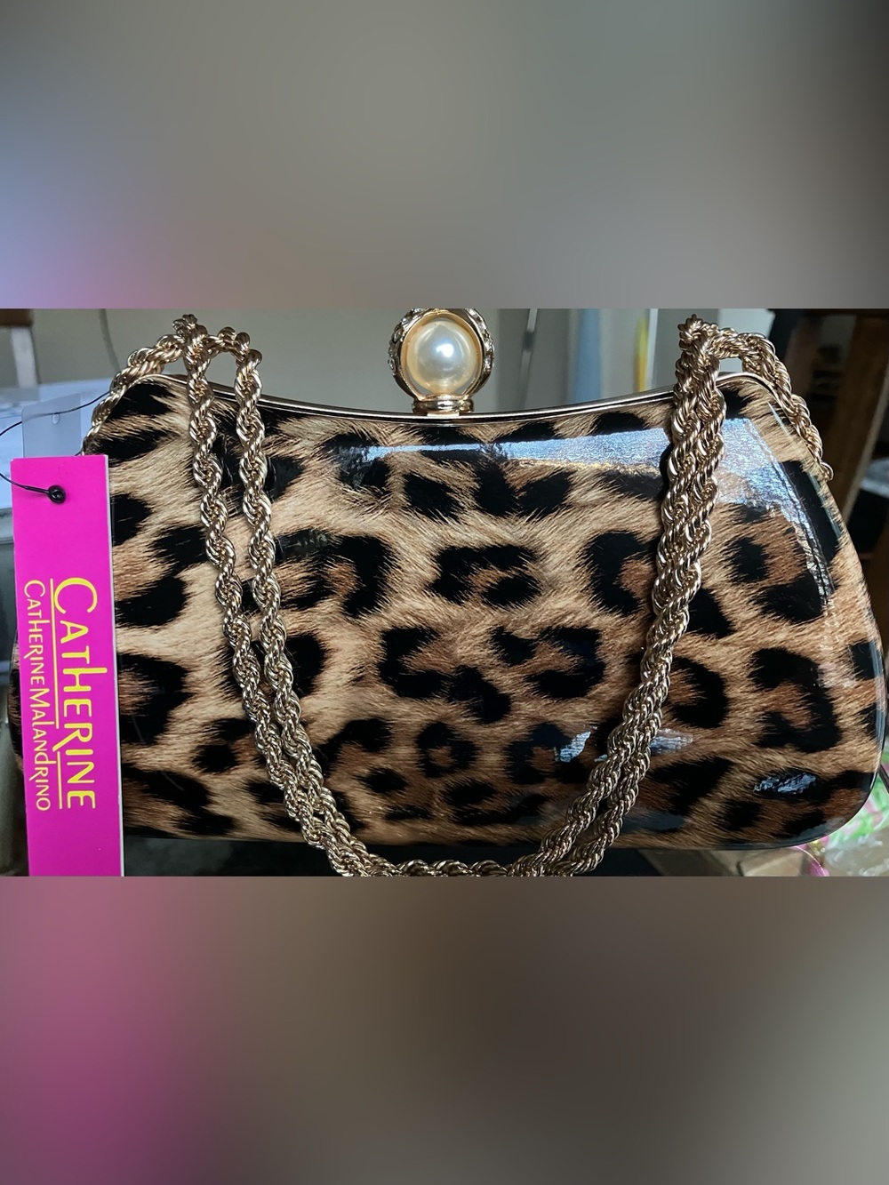 Catherine Malandrino Leopard Print Pearl-Clasp Chain Clutch - Brown & Black